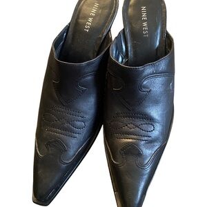 Nine West Black Leather Western Mule Heels
